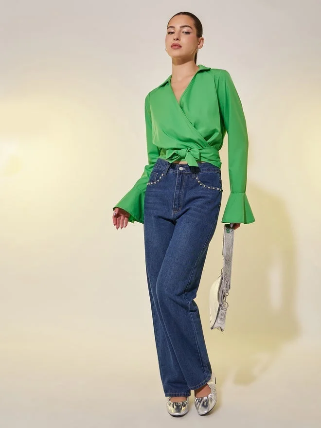 Take Two Solid Long Sleeve Cropped Wrap Top